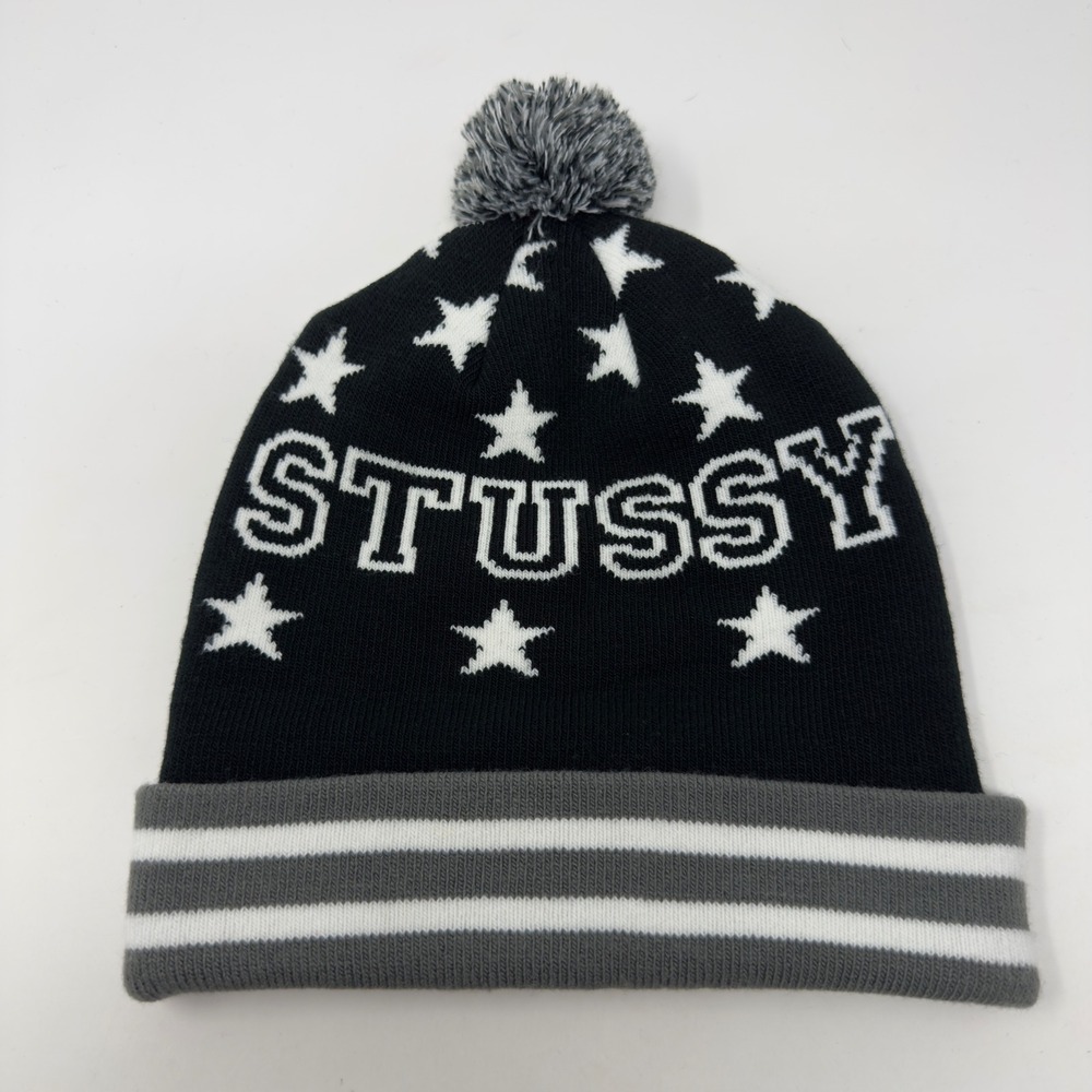 Stussy Star Pattern Knit‎ Pom Cuffed Beanie Black Grey White Unisex OSFM EUC